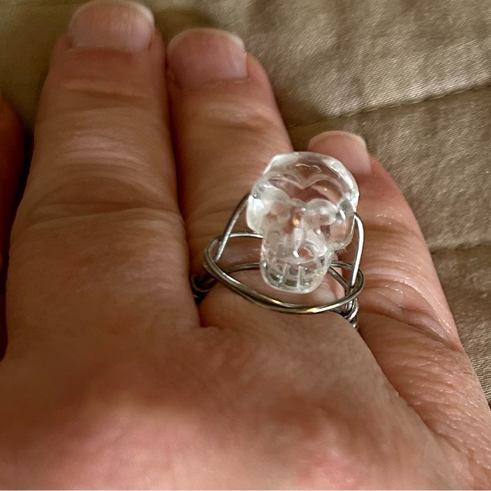 Clear Quartz Silver Wire Wrapped Skull Ring